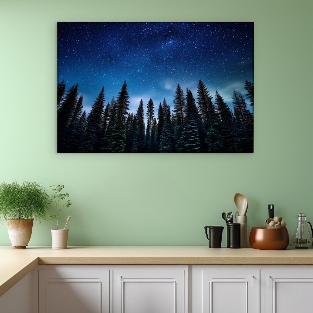 Canvas for Living room. Stargazing Serenity: A Mesmerizing Forest Night Sky, 27 x 18 inch Canvas Wall Art - Modern Home Decor