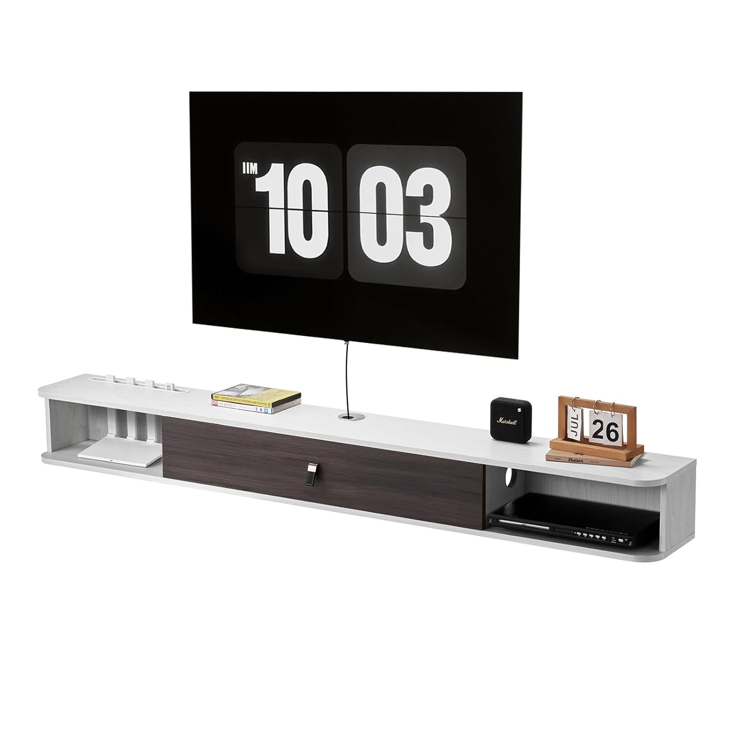 VEVOR Mobile TV da Parete con Foro per Cavo, Mensola TV Sospesa con Spazio per Lettore DVD, Console di Gioco, Portata 52 kg, Bianco, 1800 x 236 x 160 mm