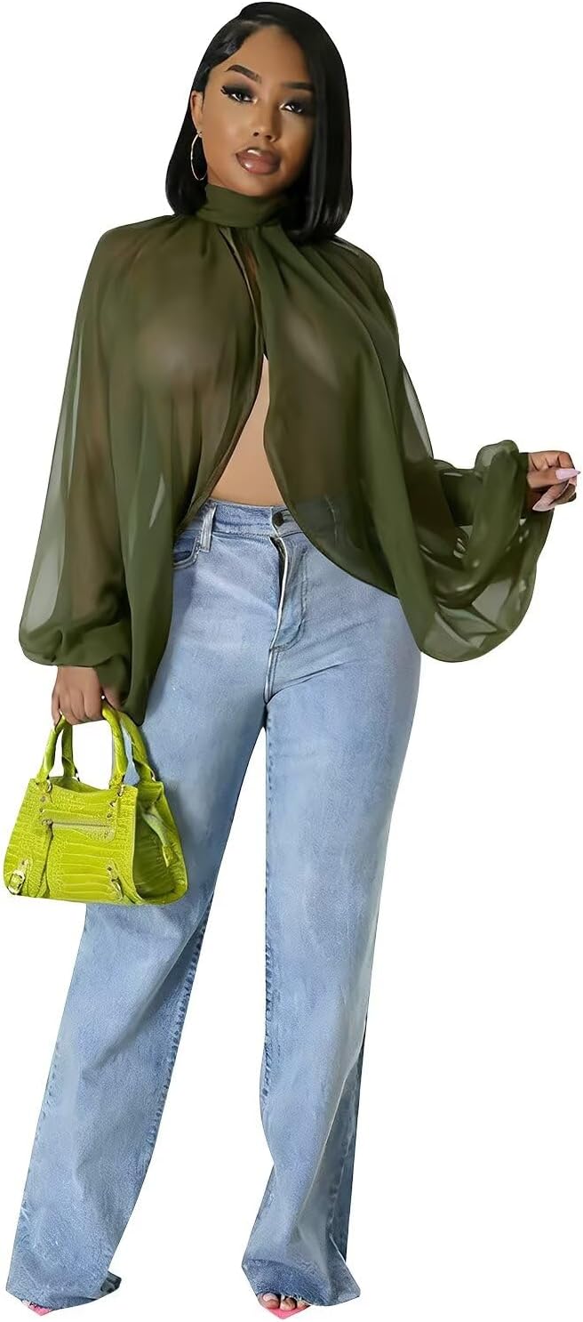 Women's Sexy See Through Chiffon Sheer Lantern Sleeve Front Back Open High Neck Self Tie Casual Shirts Blouses Tops - Image 5