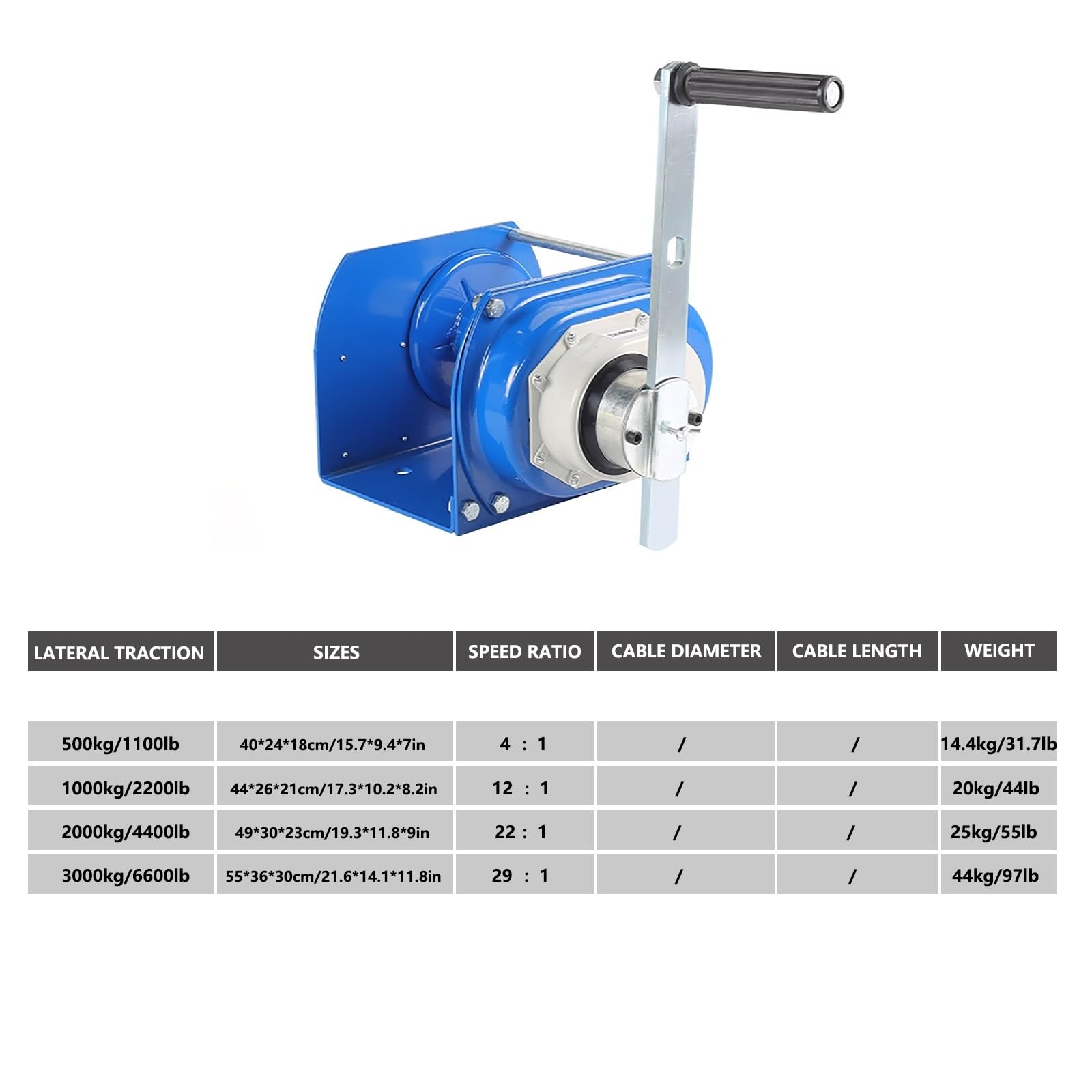 Cabestrante manual de manivela de 3000 kg de peso pesado – Cabrestante ajustable para remolque y barco, sin cuerda de alambre, ideal para levantar cargas pesadas y uso en cuatrimotos