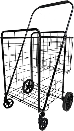 Carrito de compras plegable Jumbo de alta resistencia, con cesta doble y ruedas giratorias de 360°