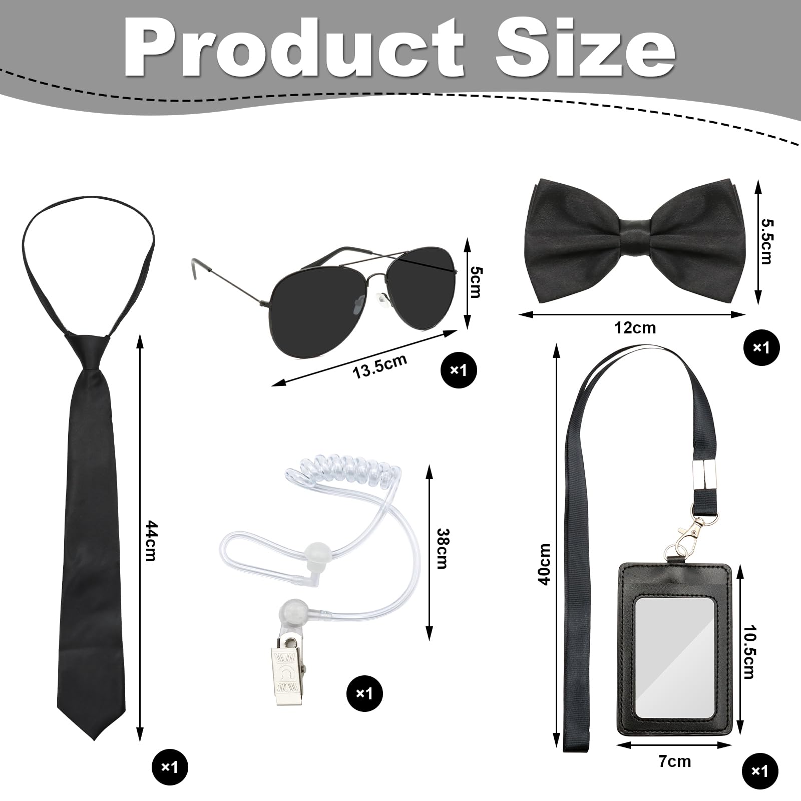 KASURE 5Pcs Men in Black Costume, Secret Agent Costume Accessories Set, With Sunglasses, Ties, Bow Ties, Id Card Holders - Image 2