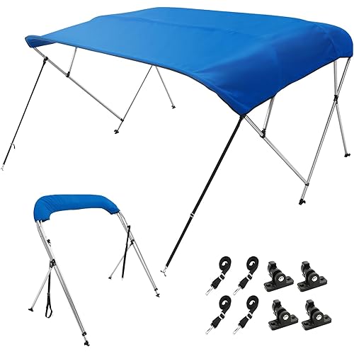 VEVOR 4 Bow Bimini Top Boat Cover, 600D Polyester Canopy with 1" Aluminum Alloy Frame, Waterproof and Sun Shade, Includes Storage Boot, 2 Support Poles, 4 Straps, 8'L x 54"H x 91"-96"W, Pacific Blue