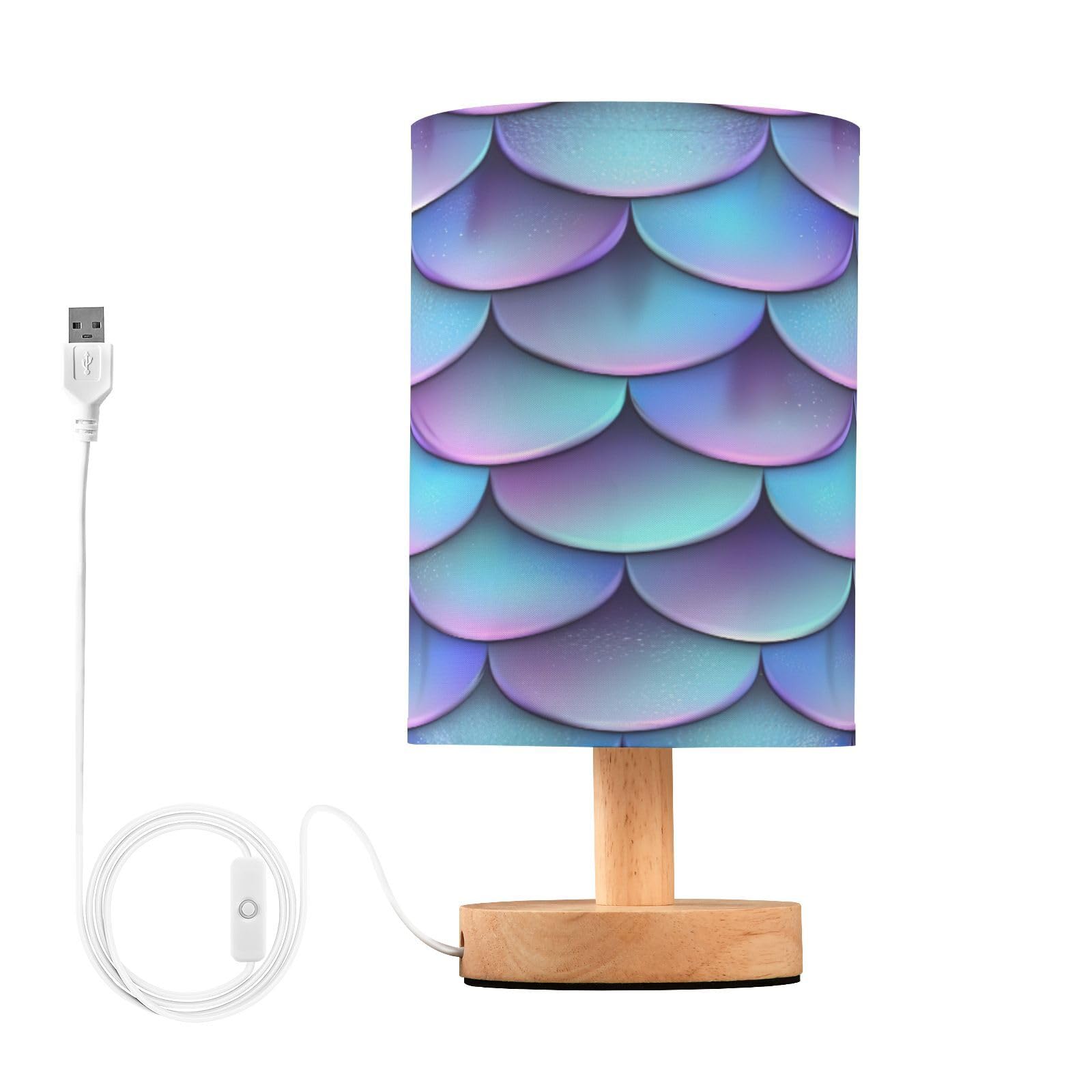 SDMKA Mermaid Scale Pattern Bedside Table Lamp for Bedroom, Minimalist Nightstand Lamp with Round Fabric Shade for Living Room, Office, No Bulb Required
