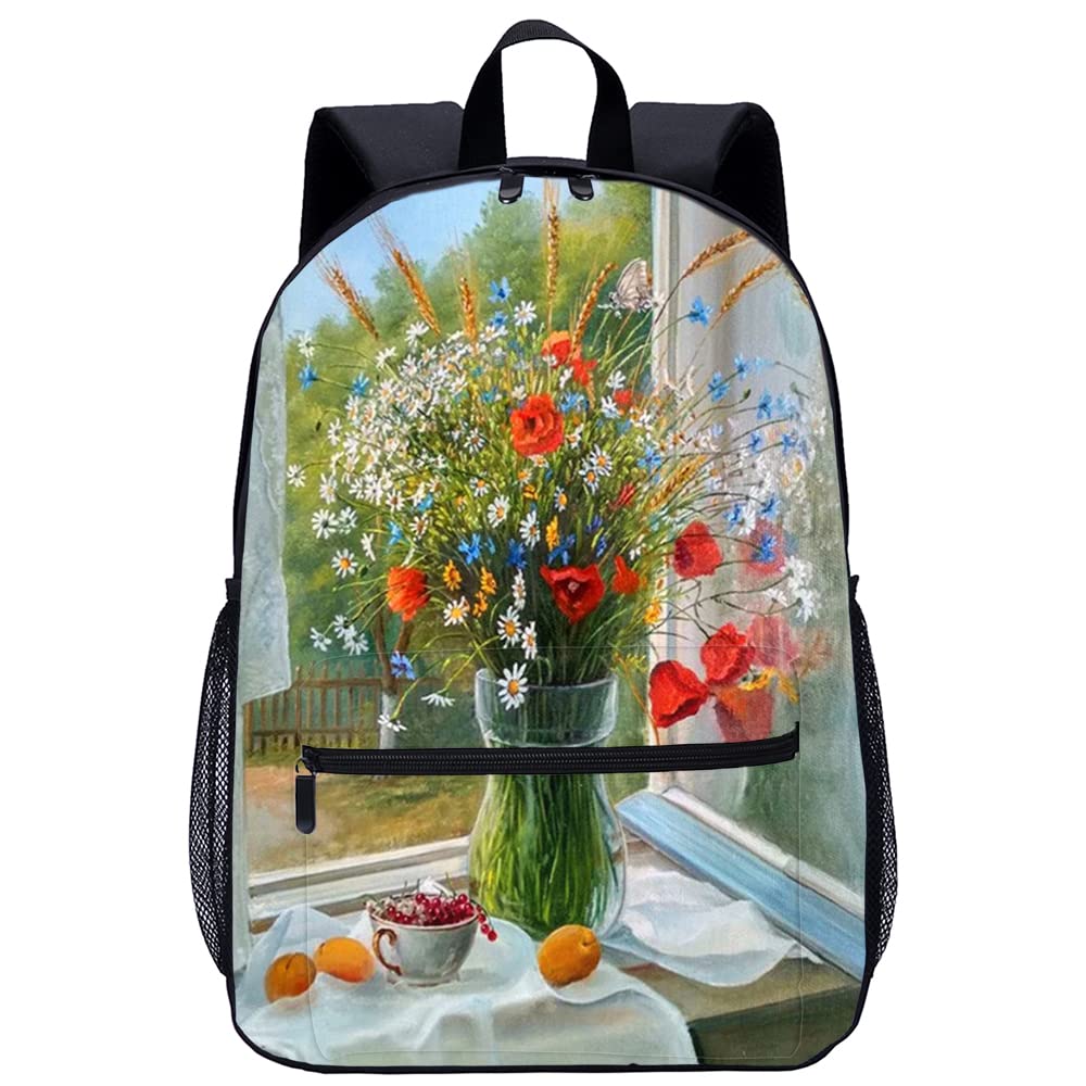 Mochila escolar para estudiantes con estampado de florero 3D cómoda y amplia 8