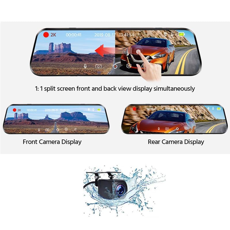 10" Espejo Retrovisor con Camara para Nissan Rogue 2014-2020, 2K+1080P Cámara de Coche 2K HD Dashcam, Monitor de Aparcamiento 24H,2K+1080P+WiFi