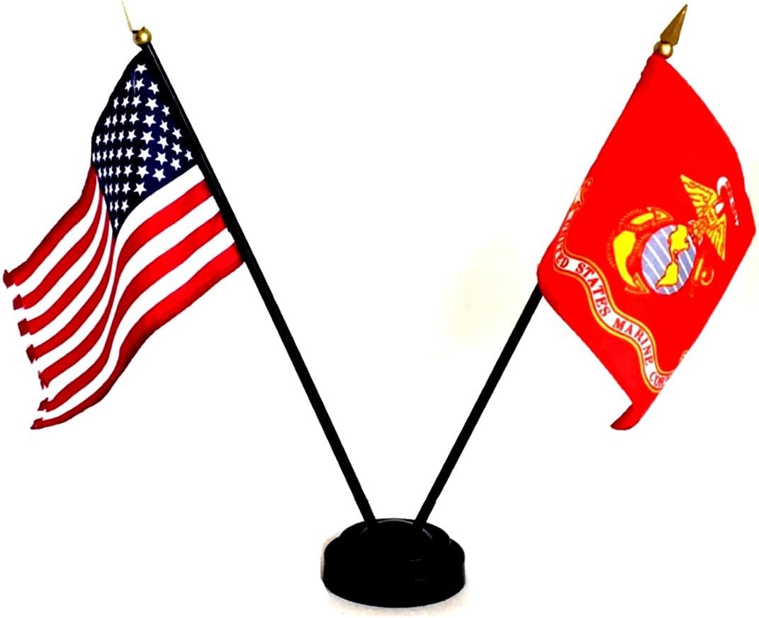 12 American and 12 United States Marine Corps Rayon 4"x6" Office Desk & Little Hand Waving Table Flag, American Made Flags that Include 12 2-Hole Flag Stands & 24 Small 4"x6" Mini Stick Flags