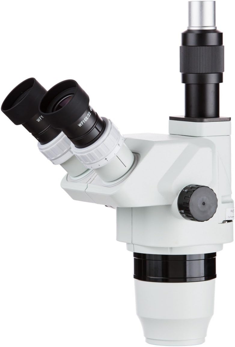 AmScope ZM2225T Trinocular Stereo Microscope Head, EW10x and EW25x Eyepieces, 2X-225X Zoom Magnification, 0.67X-4.5X Zoom Objective, Includes 0.3x and 2.0x Barlow Lenses