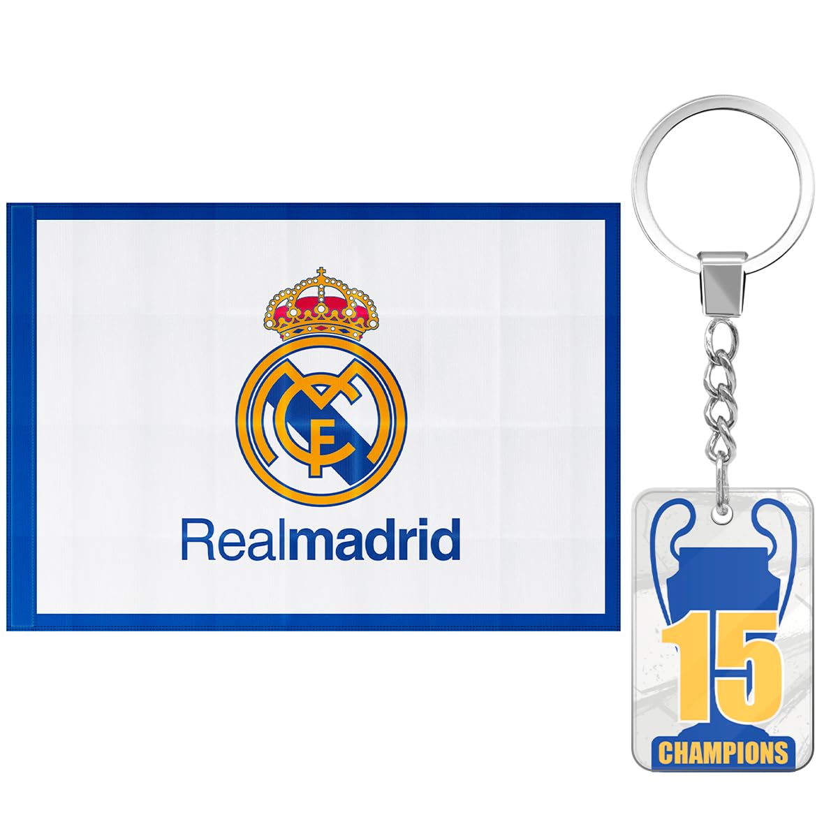 Bandera oficial del Real Madrid Club de Fútbol | 150 x 100 cm - Bordes Azules con escudo en el centro | Producto Oficial