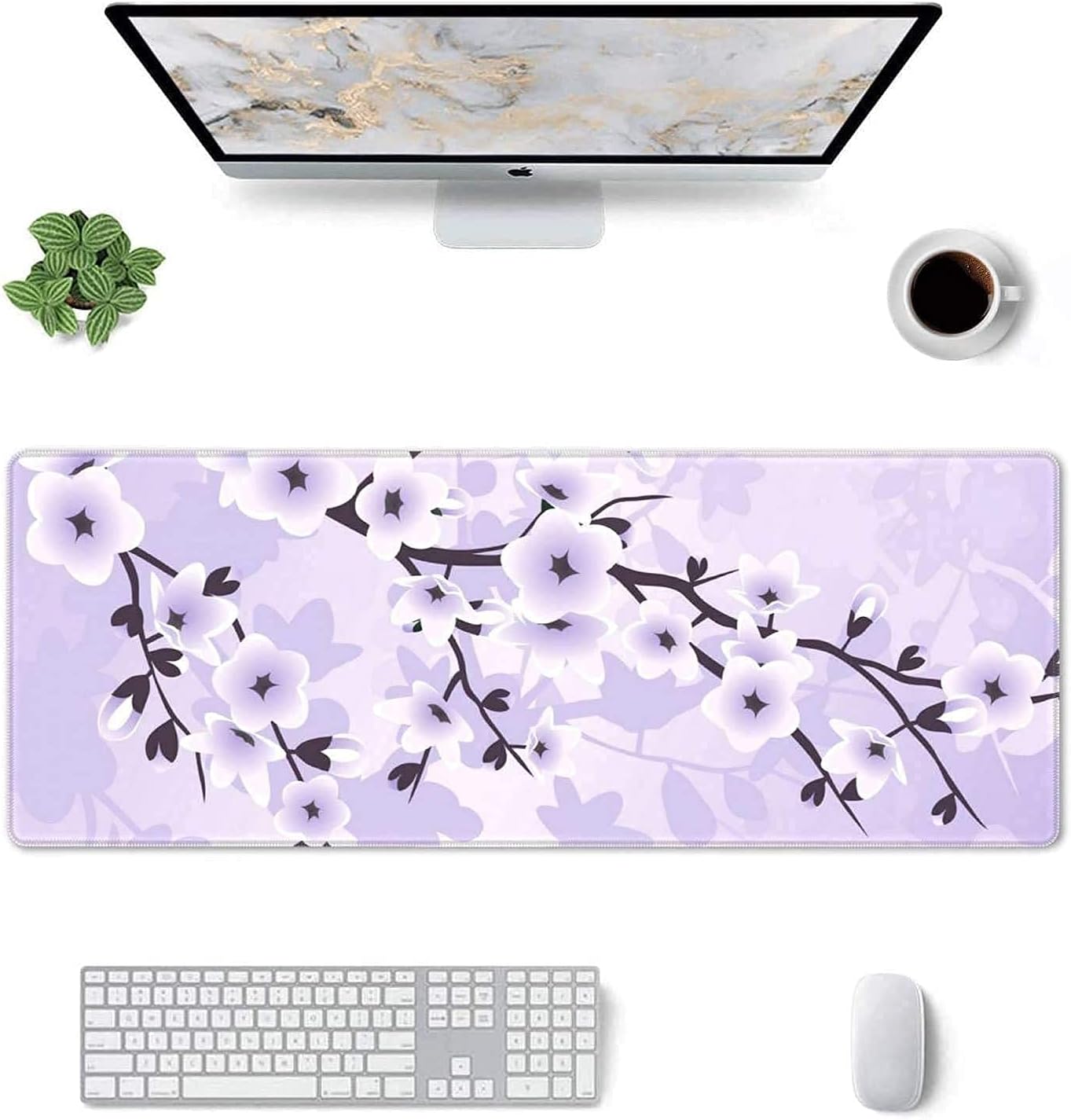 Floral Cherry Blossoms Gaming Mouse Pad XL Extended Large Mouse Mat Desk Pad Stitched Edges Mousepad Long Non-Slip Rubber Base Mice Pad 31.5 X 11.8 Inch Purple