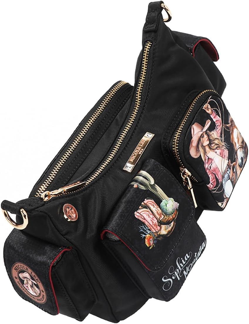 Nicole Lee Sofia Montana Nylon Crossbody Bag,Gold-tone Hardware, Adjustable Shoulder Strap, Multiple Pockets, Geometric Print Lining Fall (Sofia Montana)