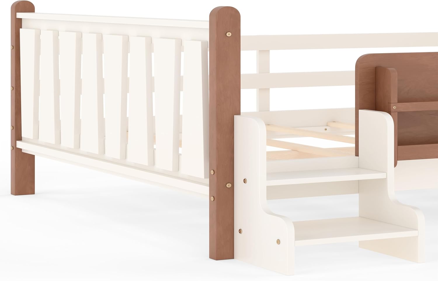 LUMISOL Queen Size Platform Bed Frame for Kids, Solid Wood Bed Frame with Bookshelves and Stairs, No Box Spring Needed, Beige