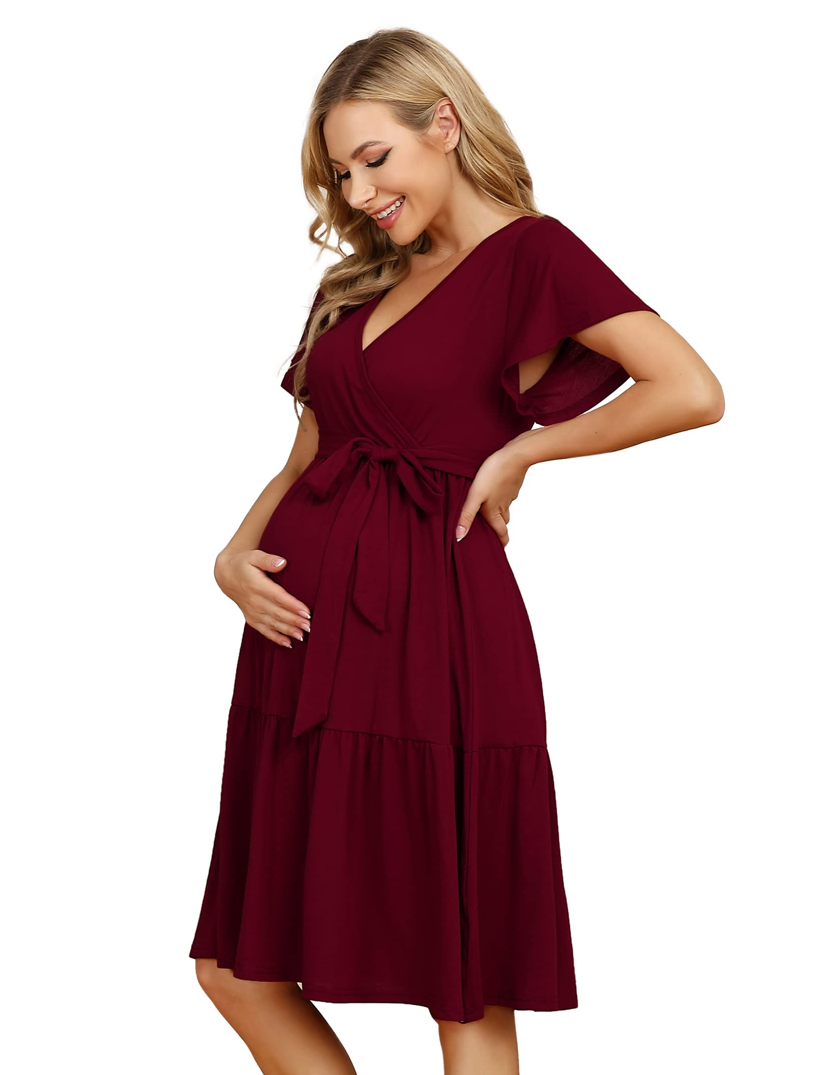 KOJOOIN Damen Umstandskleid V-Ausschnitt Stillkleid Casual Schwangerschafts Kleider mit Rüsche(Verpackung MEHRWEG)
