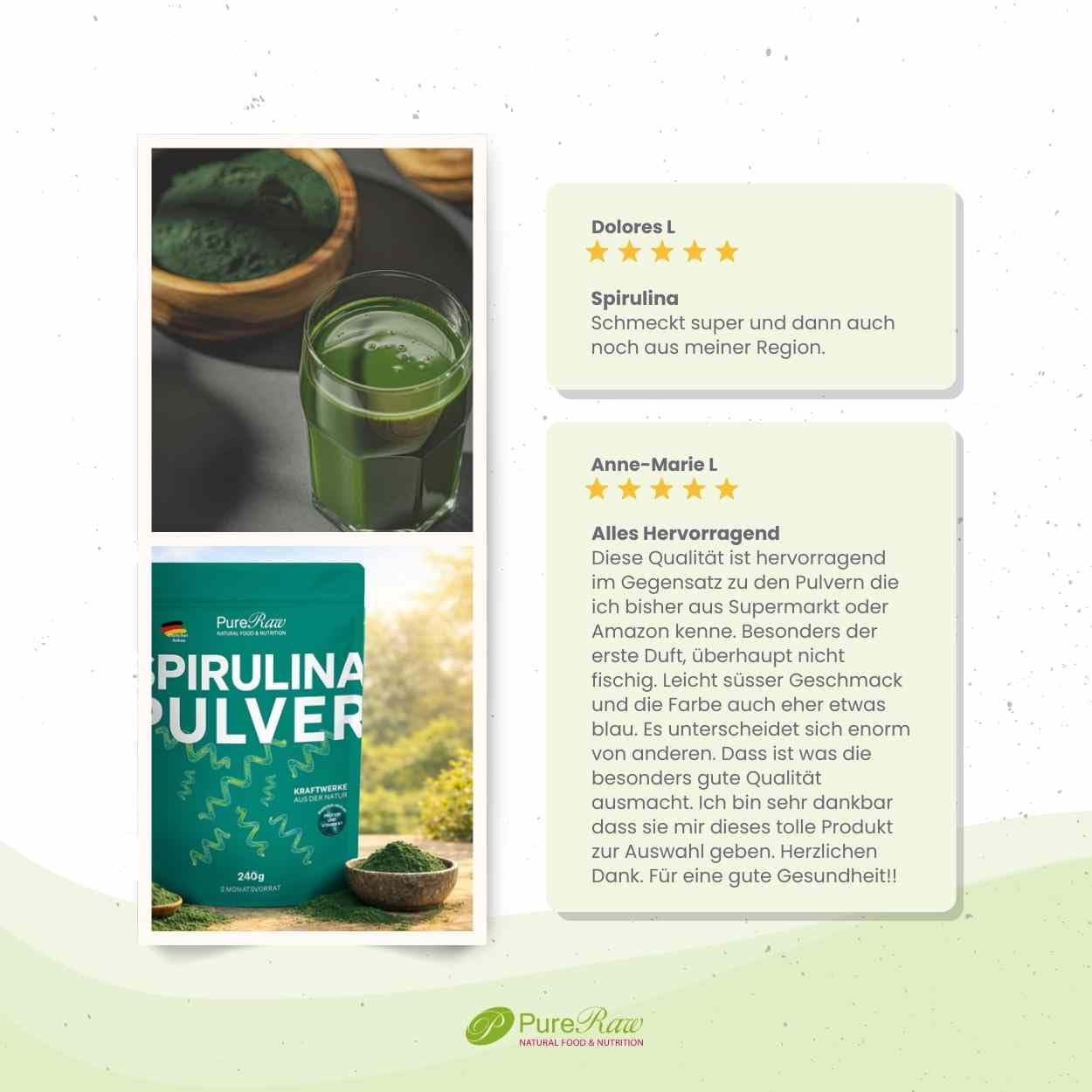 Spirulina Pulver 240 g aus Deutschland – Premium Spirulina Platensis Alge I 100% reine Mikroalge I Rohkostqualität & Vegan I Pflanzliche Proteinquelle I mit Vitamin K1 I Qualitätskontrolliert