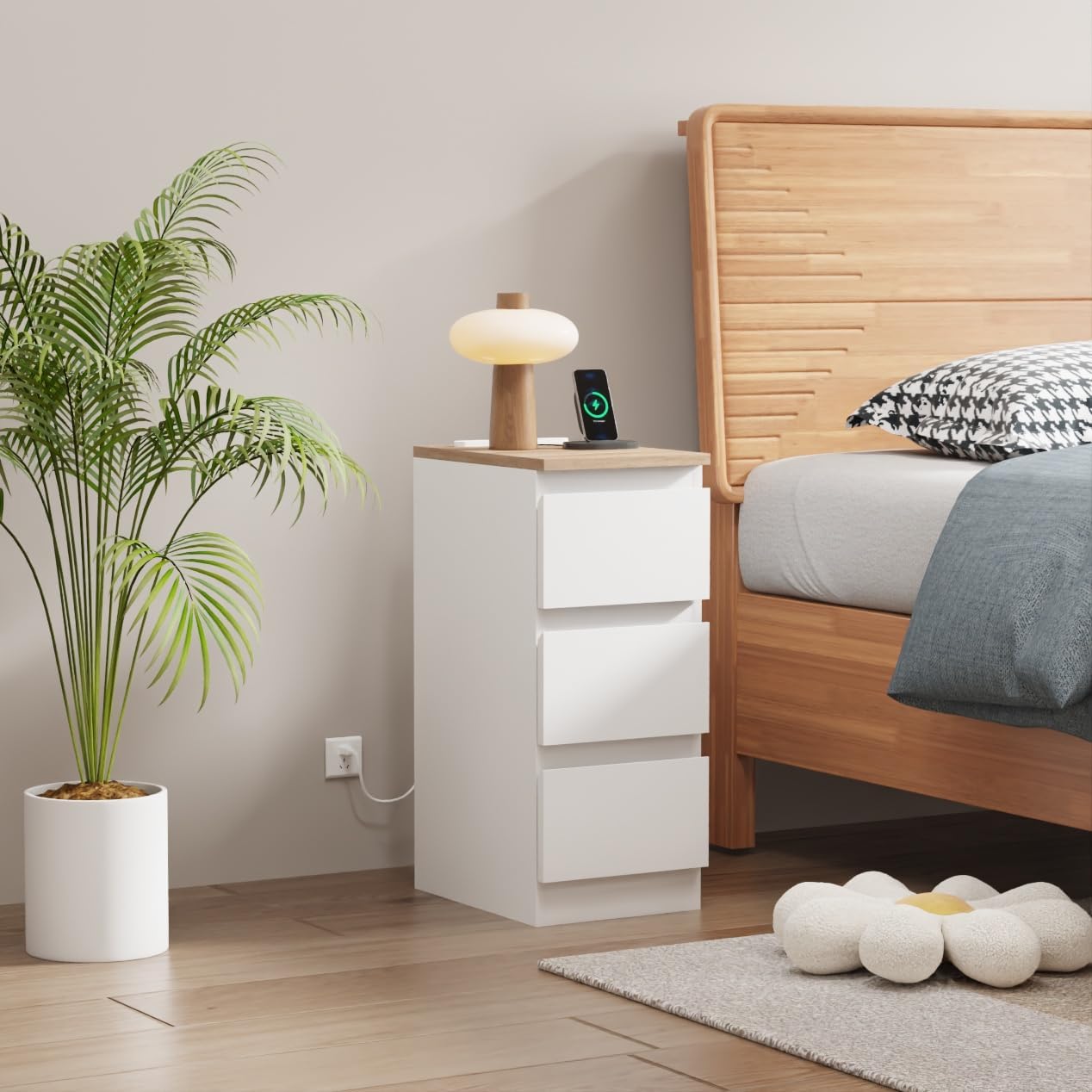 White Bedside Table with 2 Storage Drawers, High Gloss Nightstand Cabinet Unit with LED Lights for Bedroom, Small Living Room End Table Side Table