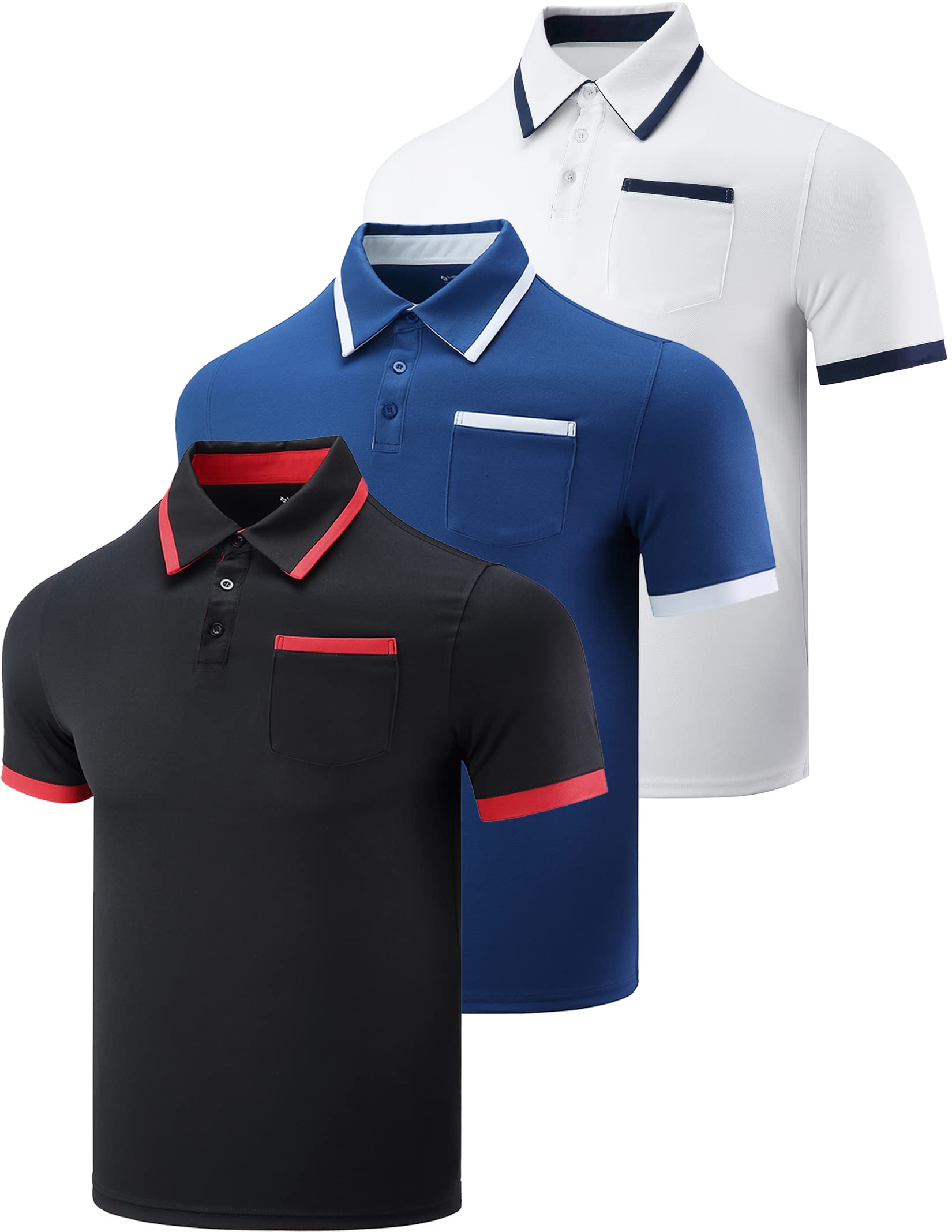 Męskie koszulki polo do golfa Performance Dry Fit Tech z kieszenią na klatce piersiowej, aktywnymi t-shirtami z krótkim rękawem, Granatowy/czarny/biały, L