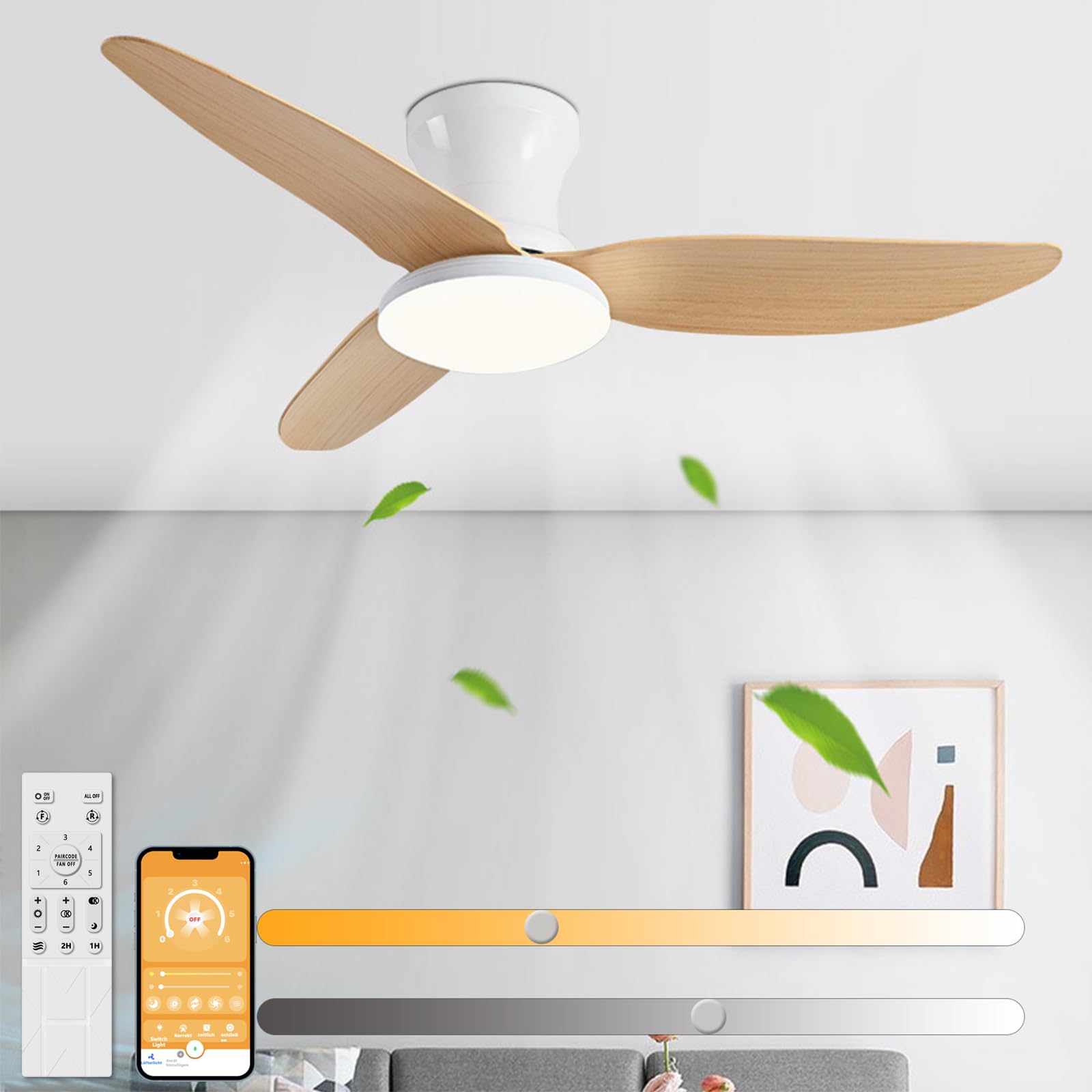 Deckenventilator mit Beleuchtung und Fernbedienung APP-Kontrolle 30W LED Dimmbar 3 Farbtemperatur 107cm 3 Flügel 6 Geschwindigkeiten Timer