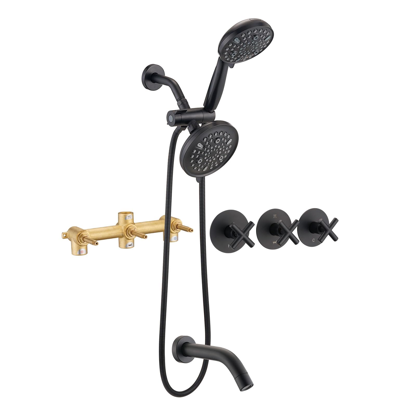 PROOX 3 Handle Tub Shower Faucet Set, Dual shower head Combo with Tub and Shower Trim Kit with Rough-in Valve, Matte Black Bathtub Shower Faucets,
