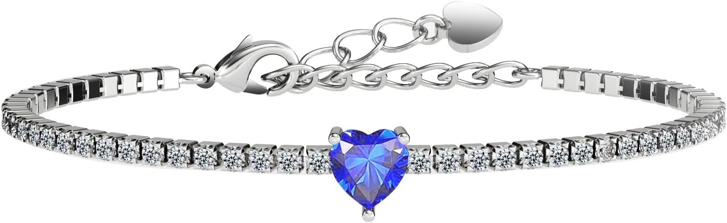 AllenCOCO Sterling Silver Heart Birthstone Bracelet, 14K White Gold Plated, AAAAA+ CZ Cubic Zirconia, Tennis Chain with Heart Charm, Hypoallergenic, Non-Tarnish Jewelry Gift for Women
