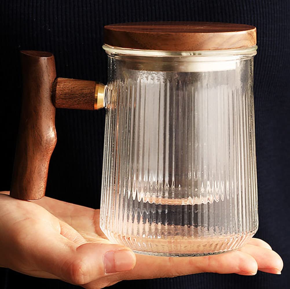 Tasse à café en cristalVerresTasses à café/théTasse à thé en Verre 400 ML avec poignée en Bois Filtre Tasse à Eau de Bureau Tasse à thé avec séparation d'eau,