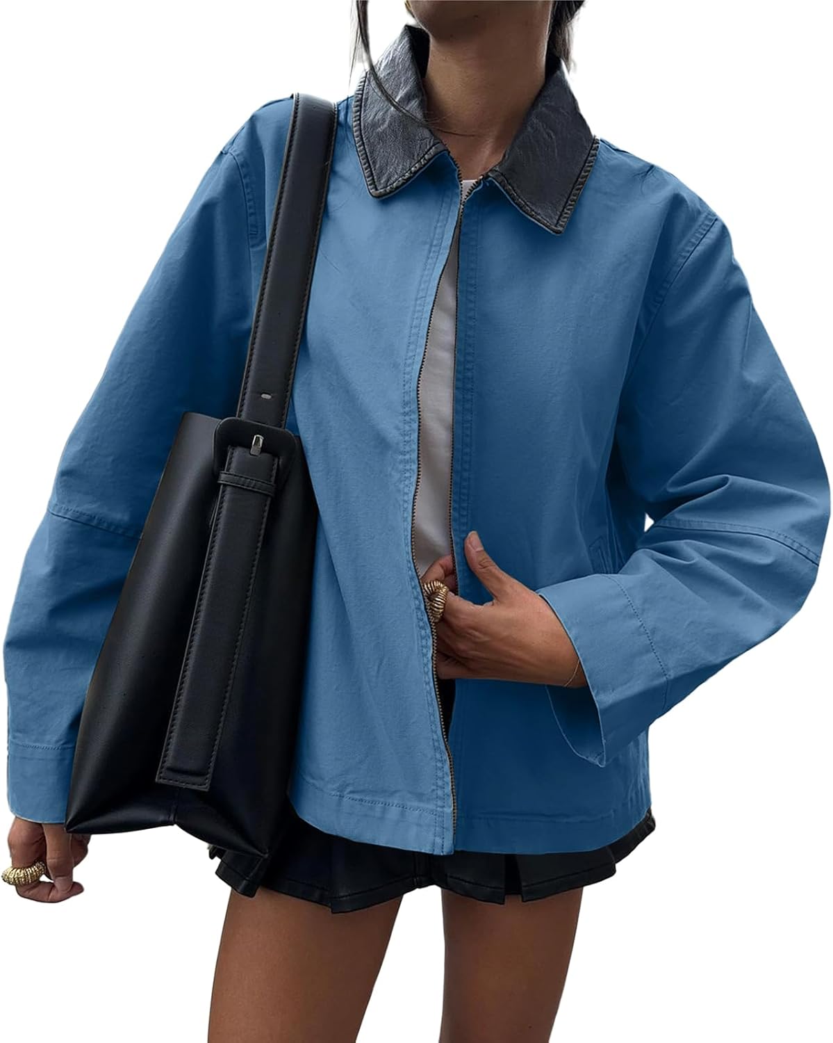 TITOMD Womens Barn Jackets Oversized Lightweight Outerwear Collar Zip Up Coats Outfits Spring Trendy Clothes