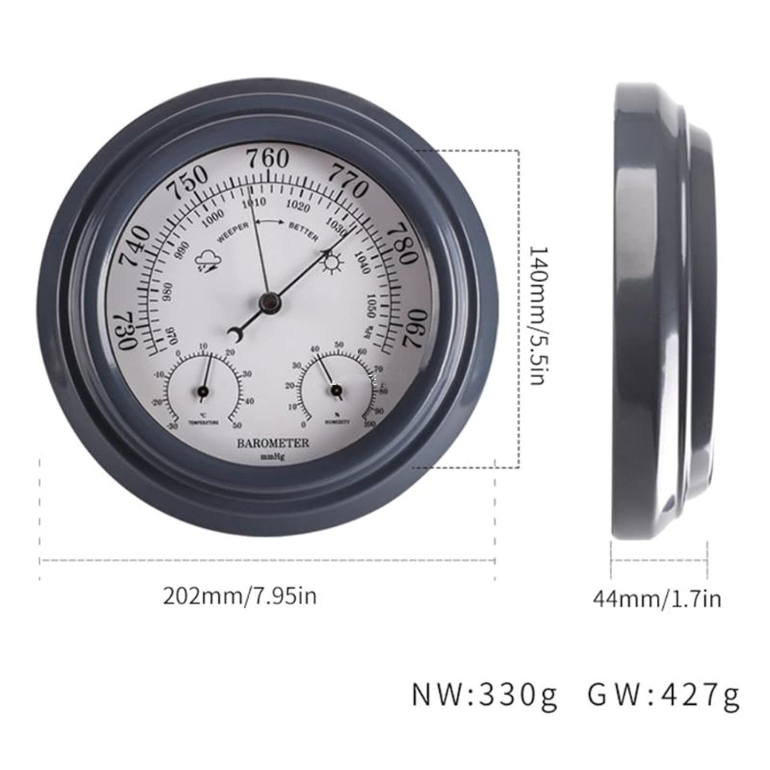 3 in 1 Barometer Wall Hanging Barometer Outdoor Barometer Thermometer Hygrometer Barometer Wall Hanging Weather Station Digital Indoor Outdoor Atmospheric Pressure Meter,Ash White
