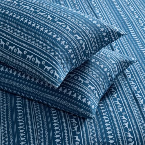 Image of Eddie Bauer - Full Flannel Sheet Set, Soft Brushed Cotton Bedding with Matching Pillowcases, Fully Elastic Fitted Sheet, Deep Pocket Bed Set, Breathable All-Season Comfort (Dog Sweater Stripe Blue)