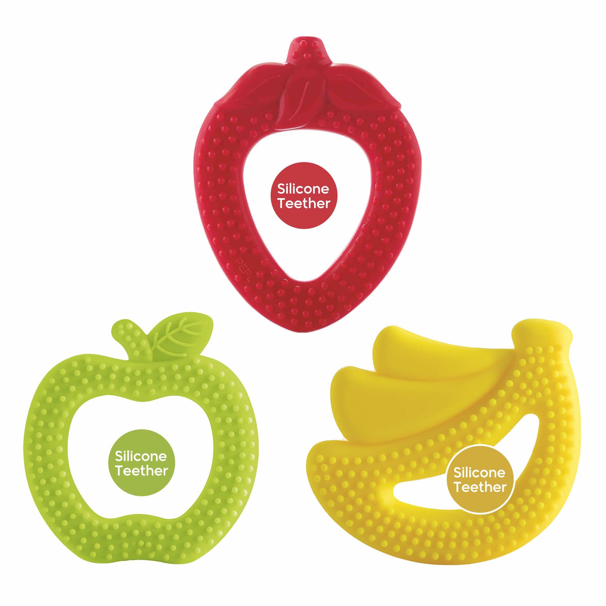BeeBaby Fruit Shape Soft Silicone Teethers Combo of 3 with Carrying case. 100% BPA-Free. 100% Food Grade. (Green Apple, Yellow Banana & Red Strawberry) 3 Months +