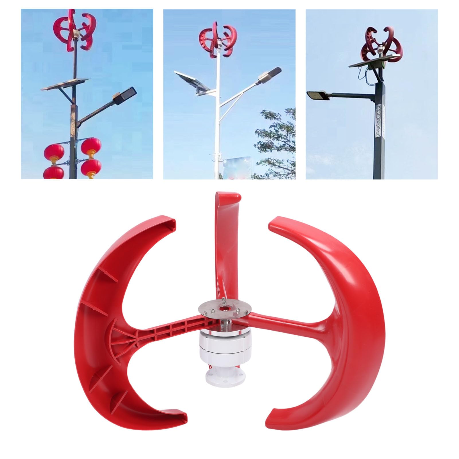 Generic Kit Generatore Eolico con Rotore a Basso Rumore da 300 W, Ideale per Lampioni Esterni con Design a Forma di Lanterna Rossa per Uso Domestico