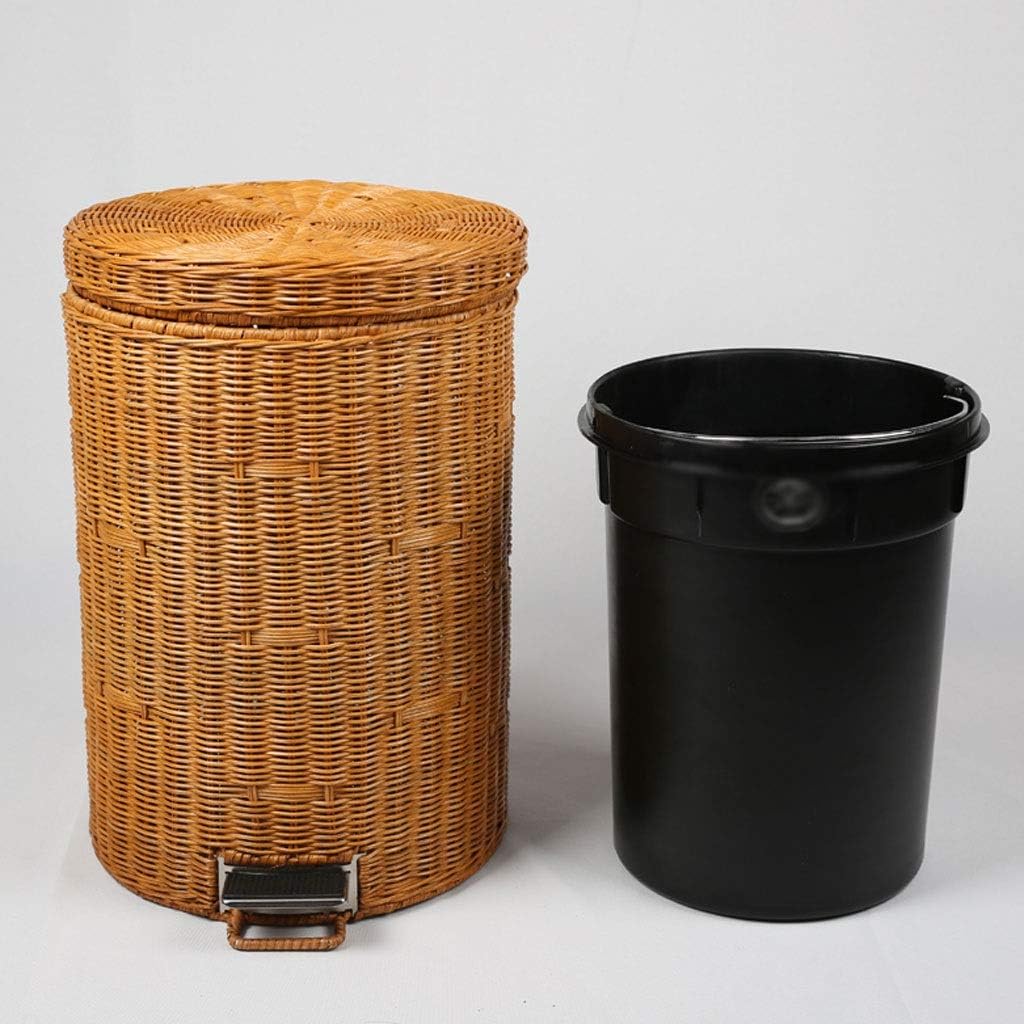 Nordic Creative Natural Rattan Trash Can Slow Down Silent Pedal Garbage Bin with Lid Fashion Country Style Wastebasket (Color : Brown, Size : 5L)