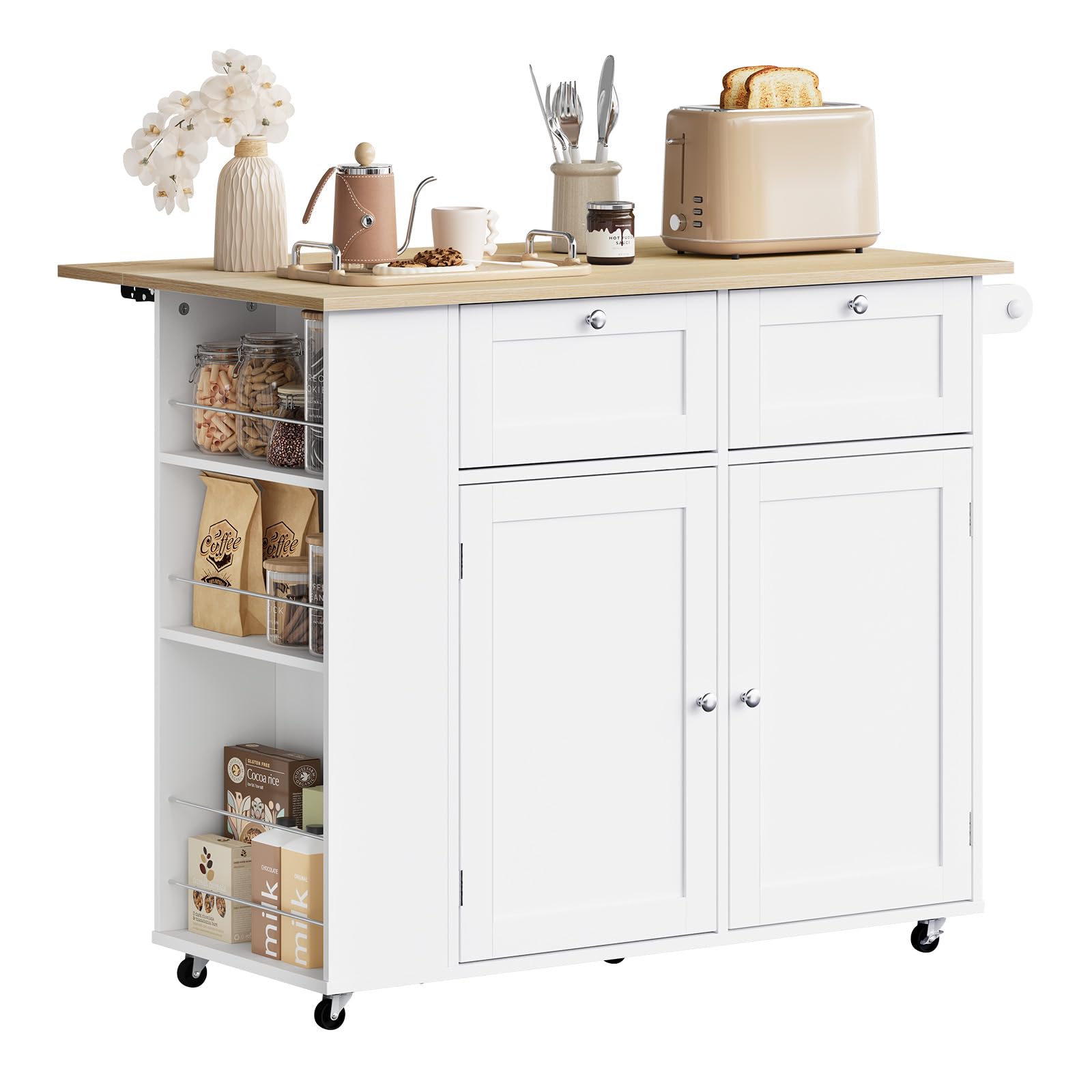 WOLTU Isola Cucina con Ruote Girevoli a 360°, Piano Ribaltabile, Scaffale Laterale a 3 Ripiani e 2 Cassetti, Carrello Cucina in Legno con 2 Ante e Portasciugamani, Rovere Chiaro + Bianco