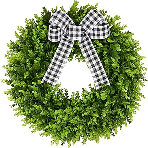 23" Faux Round Boxwood Wreath, Vlorart Artificial Boxwood Wreath Front Door Wreaths Artificial Spring Summer Greenery Hanging with A Plaid Bow for Front Door Wall Hanging Window Wedding Party Decor
