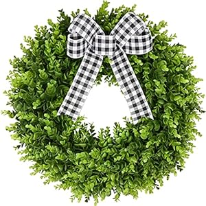 Vlorart 24" Faux Round Boxwood Wreath, Artificial Boxwood Wreath Front Door Wreaths Artificial Spring Summer Greenery Hanging with A Plaid Bow and sash for Front Door Wall Hanging Window Wedding Decor Vlorart 24 Faux Round Boxwood Wreath Artificial Boxwood Wreath Front Door Wreaths Artificial Spring Summer Greenery Hanging with A Plaid Bow and sash for Front Door Wall Hanging Window Wedding Decor