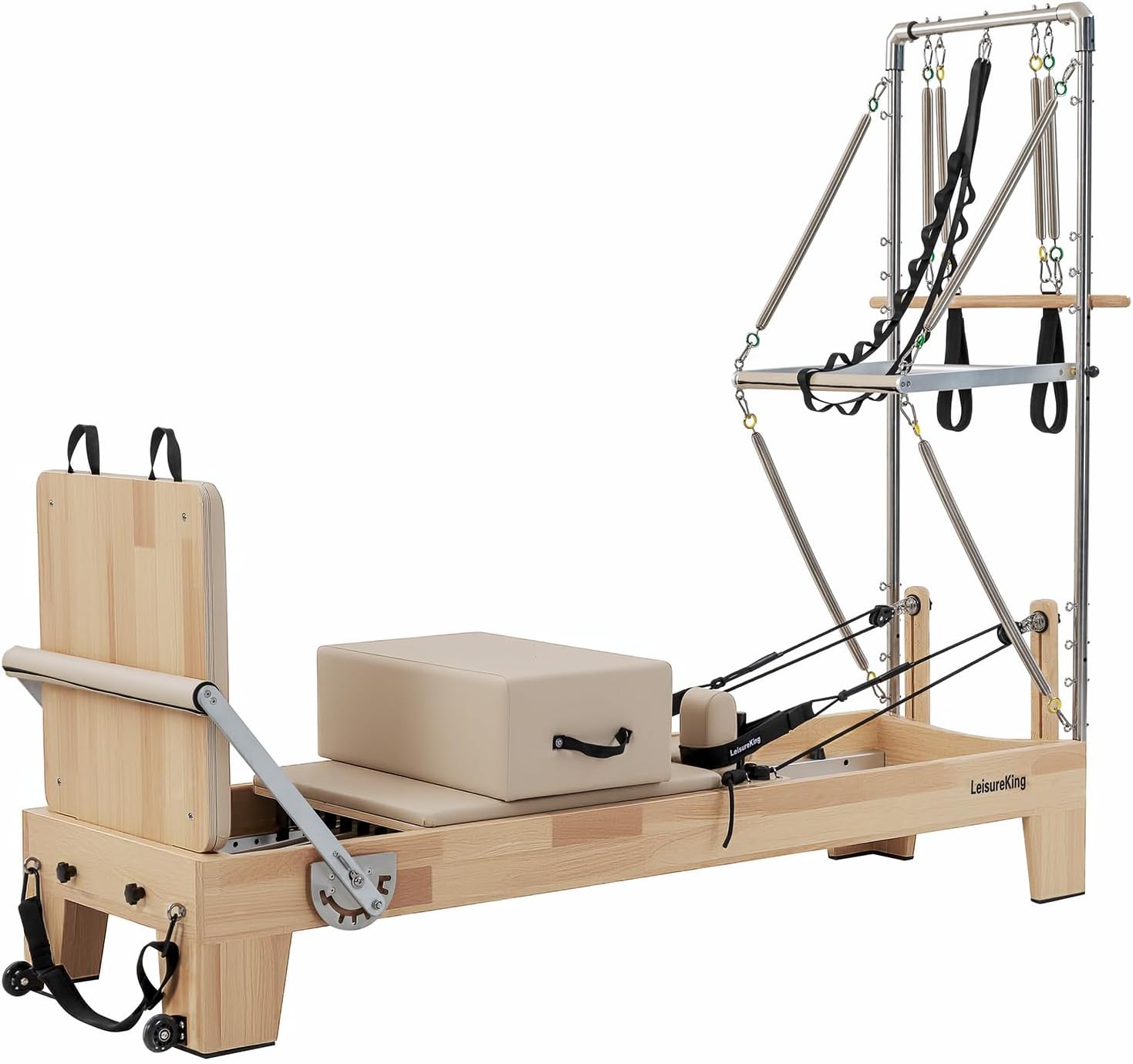 LeisureKing Pilates Reformer Machine, Quick-Assembly Studio Grade Pilates Equipment for Gym and Home, Oak Wood Pilates Reformer with Reformer Accessories