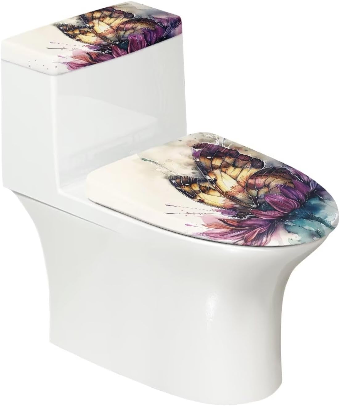 Butterfly Toilet Seat Cover Aesthetic Flower Toilet Tank Lid Cover Set with Elastic Bottom, Reusable Seat Decor Universal Fit Elongated Oval Round Lid