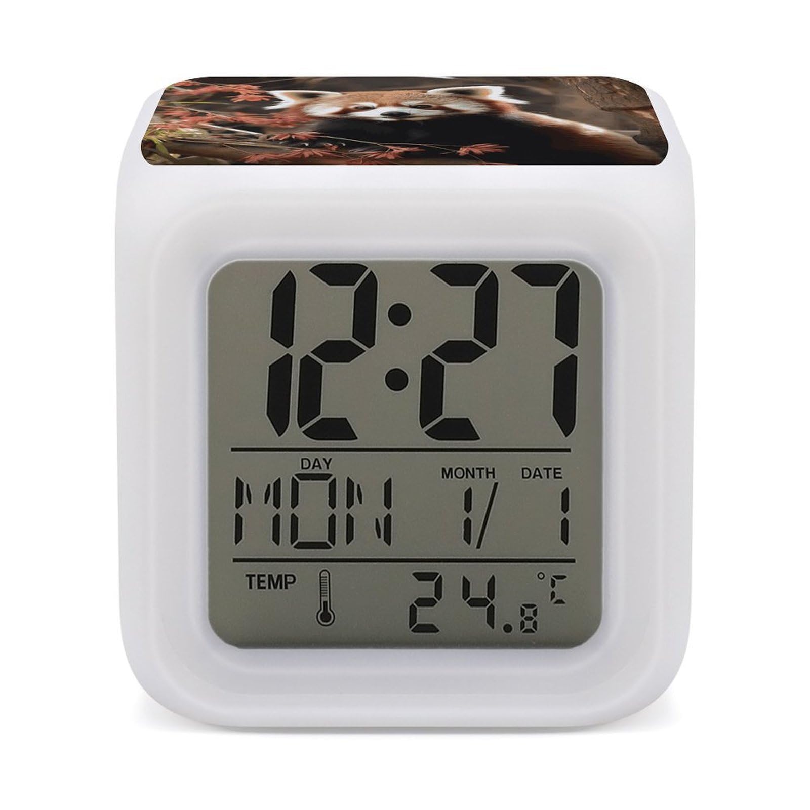 FekiLoot Red Pandas Alarm Clock for Heavy Sleepers Small Digital Alarm Clock with Date Temperature Wake Up Digital Clocks with 7 Colors Changing Desk Clocks for Bedroom Bedside Nightstand