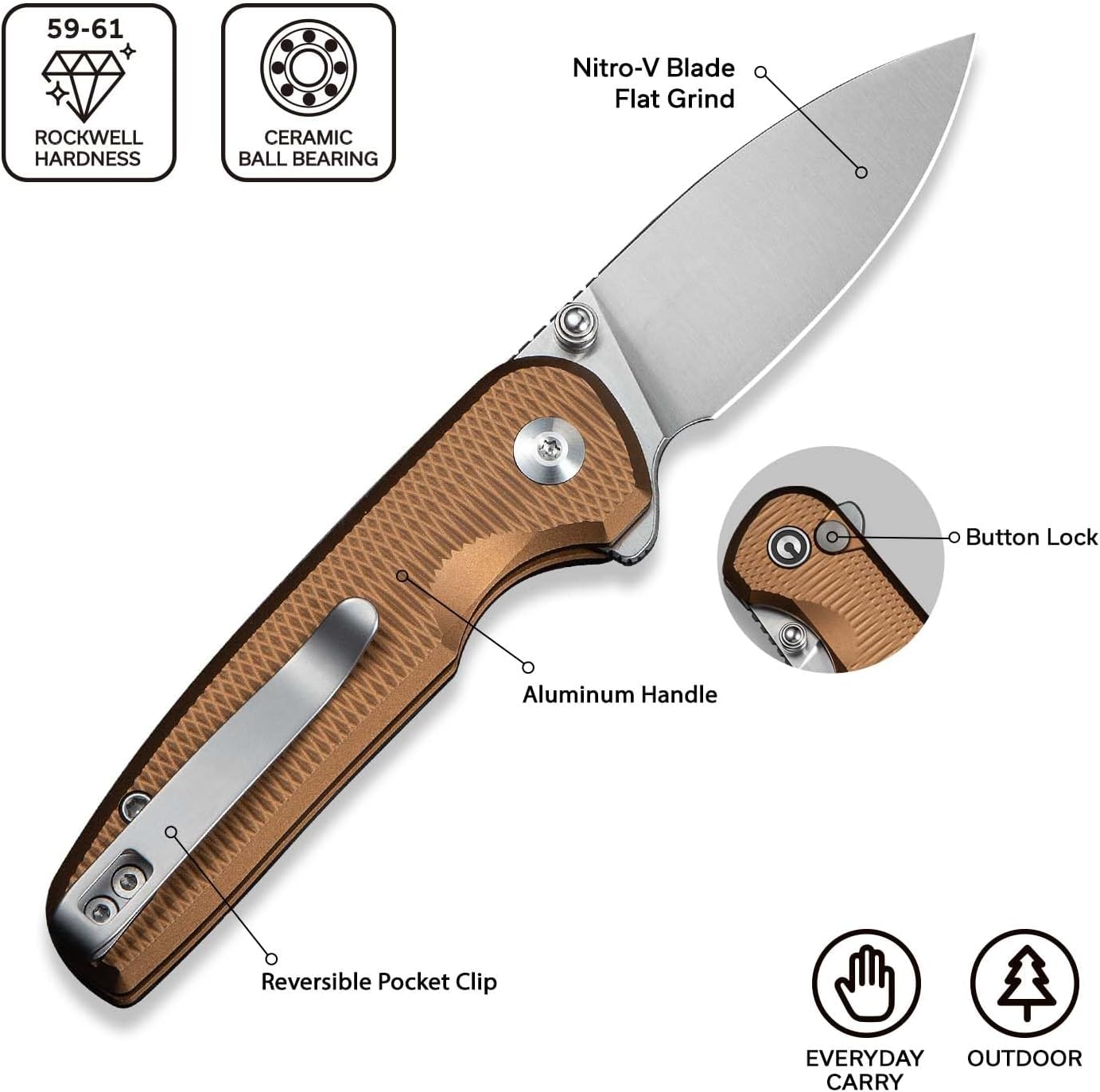 CIVIVI Mini Shakan Pocket Knife for EDC, Small Folding Knife with 2.48" Nitro-V Blade Aluminum Handle, Reversible Deep-Carry Clip C20052F-3