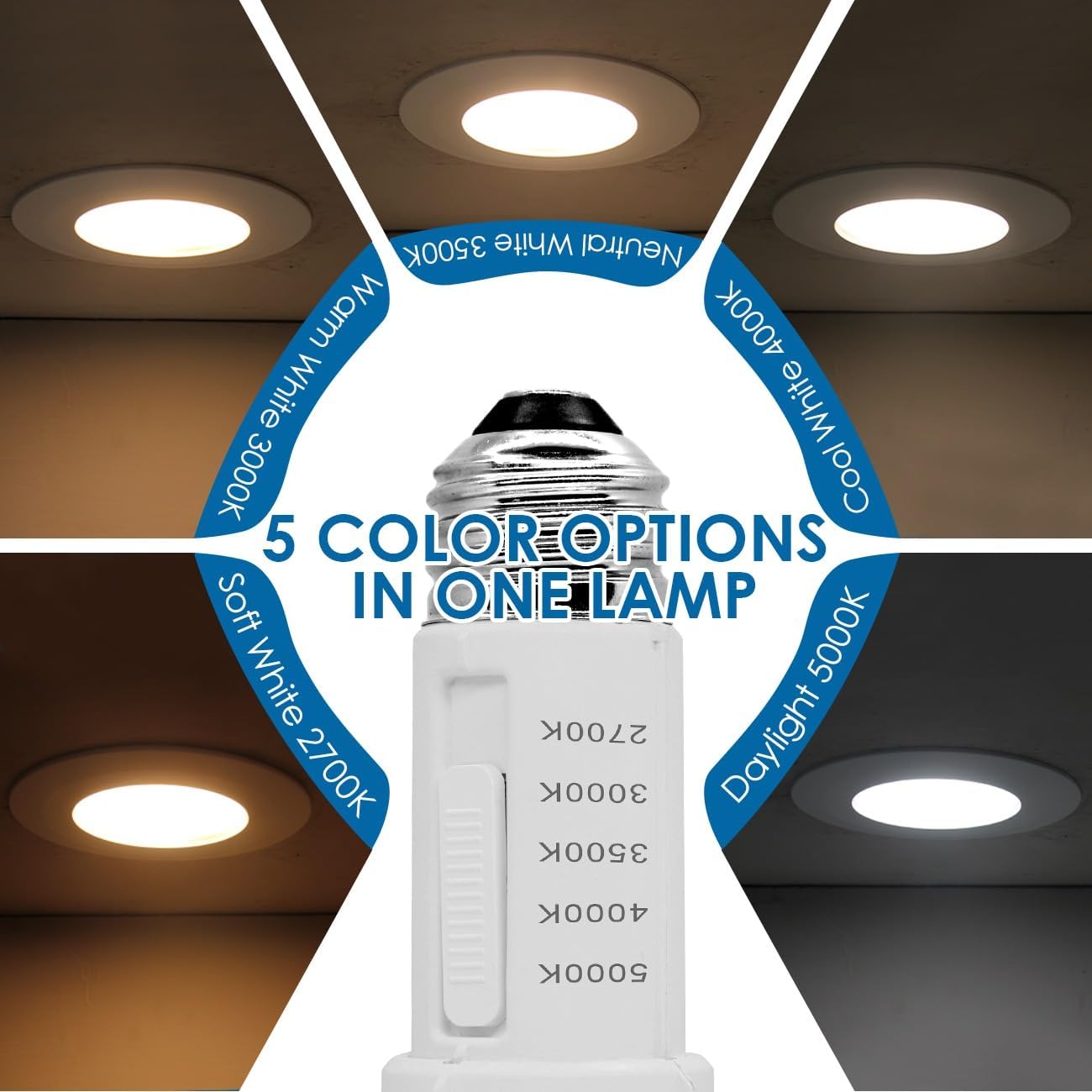 Jolux 1 Pack 5CCT Retrofit LED Recessed Lighting 6 Inch,Selectable 2700K/3000K/3500K/4000K/5000K,12W=60W,800Lumen,Dimmable Led Can Lights,Simple Installation Adjustable Retrofit Downlight,Bevel Trim