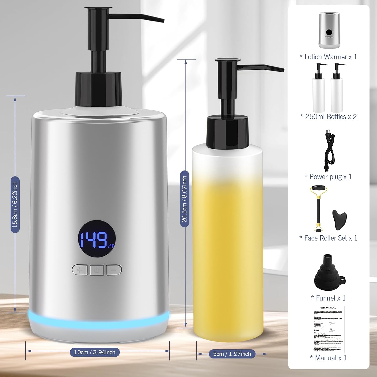 Massage Oil Warmer, Yofuly Body Lotion Warmer Dispenser Heated Machine with Atmosphere Light, Portable Temperature Adjustable Massage Oil Heater for Beauty Salon and Spa Use, Gray