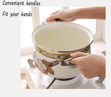 Nonstick Saucepan with Glass Lid Flower Enamel on Steel Cooking Pot with Lid, Vintage Thicken Soup Pot with Handles for stovetop, Oven Safe, Gift for Housewarming Wedding Birthday,28CM