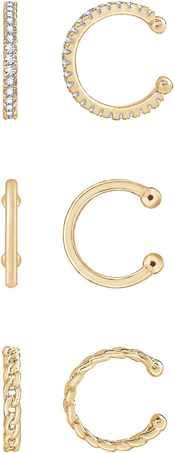 Amazon Essentials 14K Gold or Rhodium Plated Sterling Silver Set of 3 Ear Cuffs
