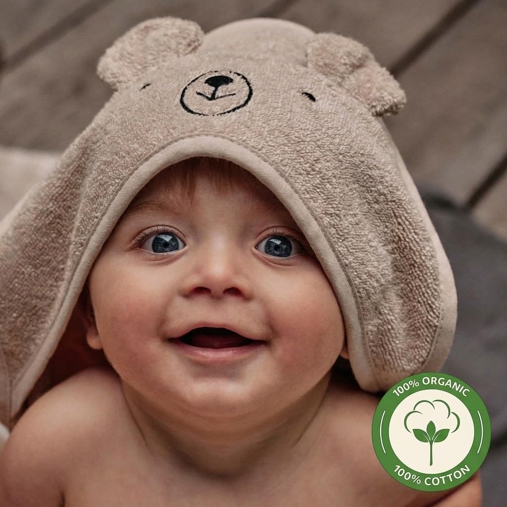 Denmark - Premium Bio-Baumwolle Baby Badetuch - Kapuzenhandtücher für Kleinkinder und Babys für Neugeborene Mädchen und Jungen - Super weich und saugfähig, 32x32 (Bär - Nebel)