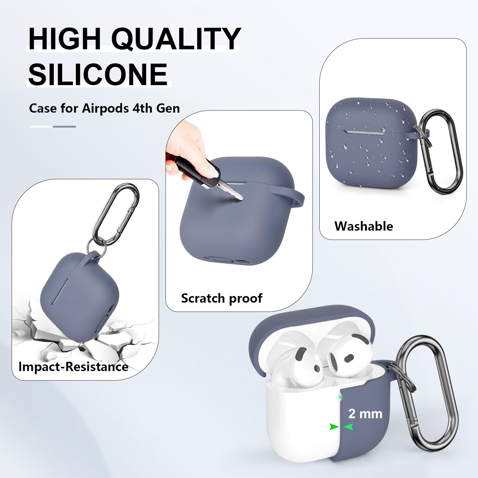Custodia In Silicone Per AirPods 4 (2024) – Cover Antiurto Con Moschettone E Kit Pulizia Incluso