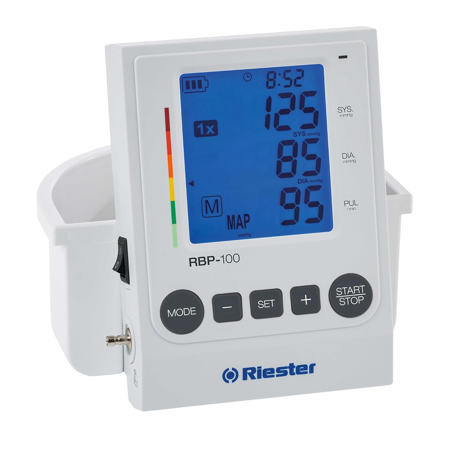 Close-up of the Riester RBP 100 monitor display showing blood pressure readings.