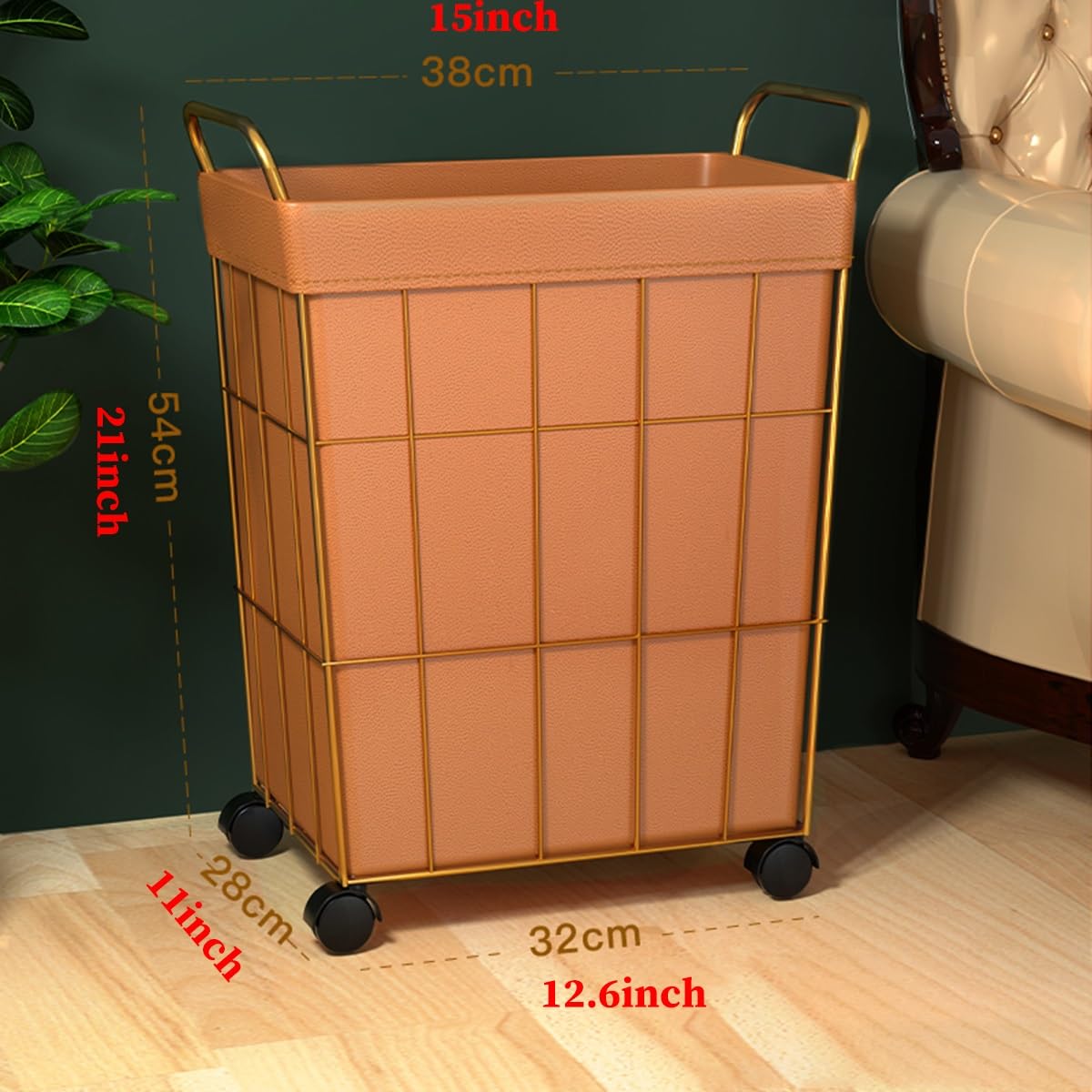 Wäschekorb Wäschesammler Mit Rollen, Wäschewagen Metall Mit Stahlrahmen Und PU-Leder Wäschesack, Schmutziger Wäschekorb Für Haus, Schrank, Schlafsaal, Badezimmer(/Gray A,32CM)