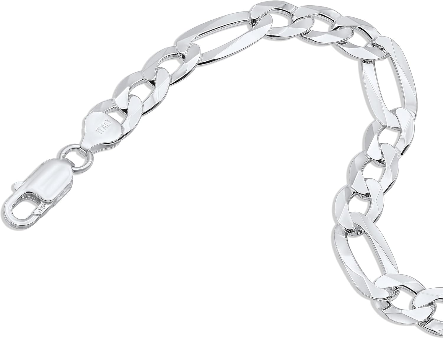 Aka Gioielli - Solid 925 Sterling Silver 9mm Diamond-Cut Figaro Link Chain - Bracelet for Men - Made in Italy