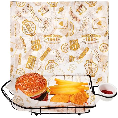 Alipis Chip Fry Basket Chip & Dip Serving Basket, French Fry Basket Snack Appetizer Serving Rack with Sauce Dish & 50Pcs Wax Paper Liners