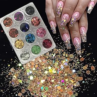 PrettyG 2oz / 57Gram Pack Chunky Mixes Nail Sequin Holographic Glitter Power Nail Art Decoration LBC (12 Colors Set)