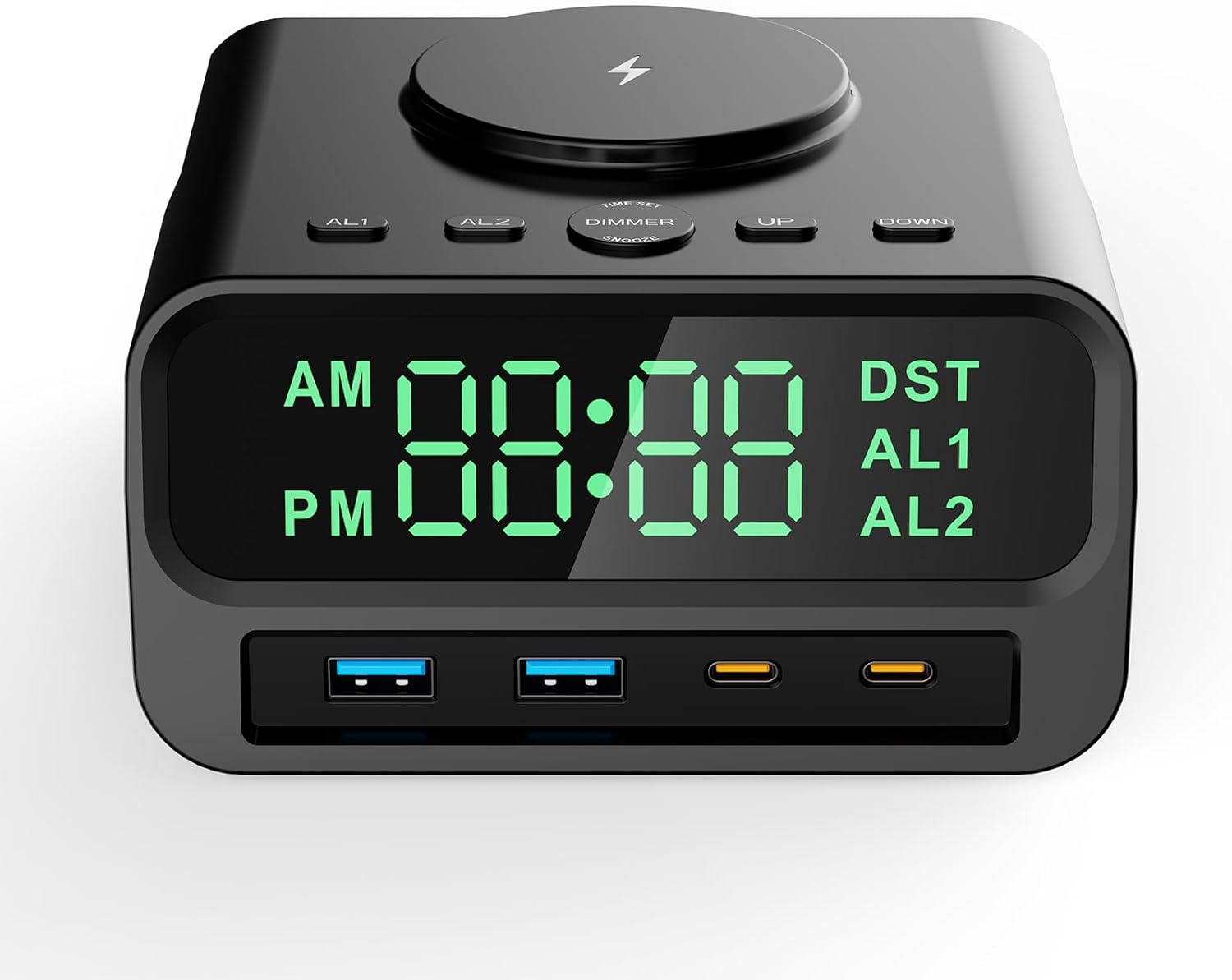 Kungfuking Digital Alarm Clock with Wireless Charging for Bedroom, Nightstand Dorm Room Hotel Clock, USB A&C Charging, 2 AC Outlets, Dual Alarm Clock, Snooze, Dimmable, DST