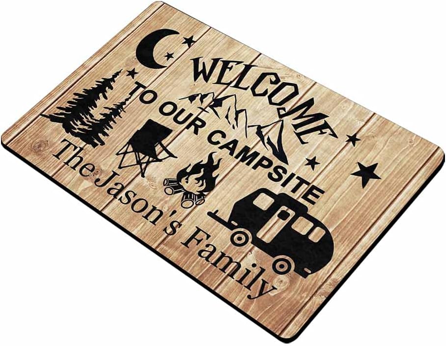 Custom Camping Mat Personalized Camper Doormat Welcome to Our Campsite, Mountain Tree Camper Fire Brown Wood Door Mat Rug Welcome Indoor Outdoor Decor Entrance Mat Non Slip Floor Mat Rug for 24"x16"